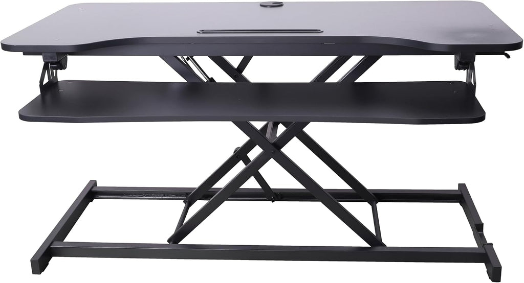 Rocelco 43' Height Adjustable Standing Desk Converter - Tall Sit Stand Up Tabletop Riser with Tablet Slot - Home Office Computer Workstation - Deep Keyboard Tray for Laptop Mouse - Black (R VADRB-43)