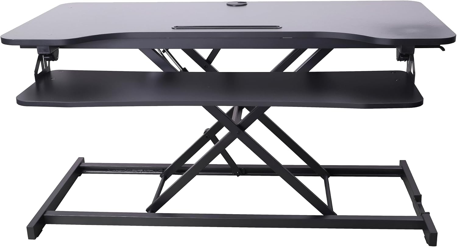 Rocelco 43' Height Adjustable Standing Desk Converter - Tall Sit Stand Up Tabletop Riser with Tablet Slot - Home Office Computer Workstation - Deep Keyboard Tray for Laptop Mouse - Black (R VADRB-43)