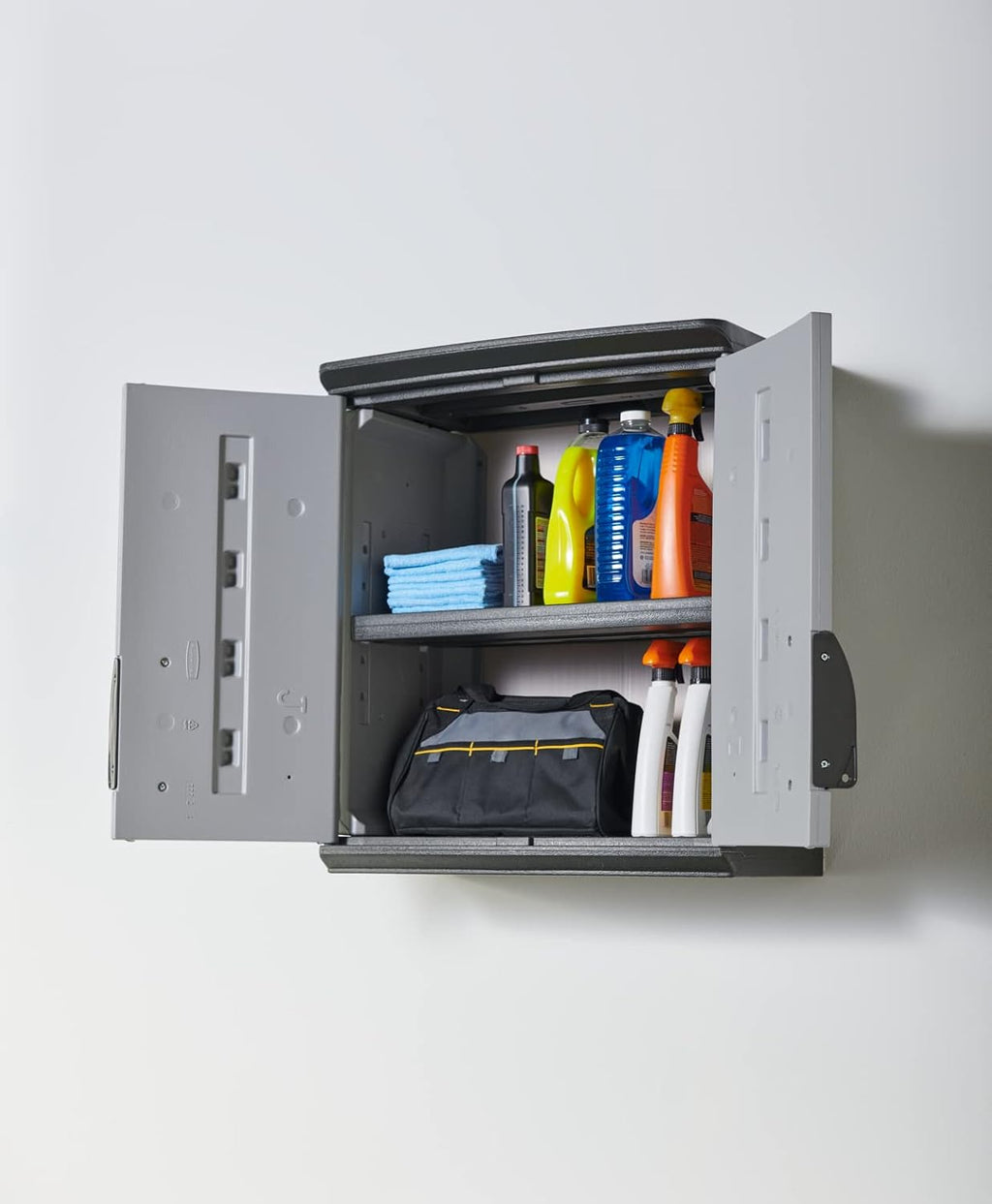 Rubbermaid Wall Mounted Storage Cabinet with Doors 150-Pound Capacity Gray Lockable Three-Shelf Cubbard for Tools/Car Accessories/Cleaning in Home/Garage/Outdoor Areas