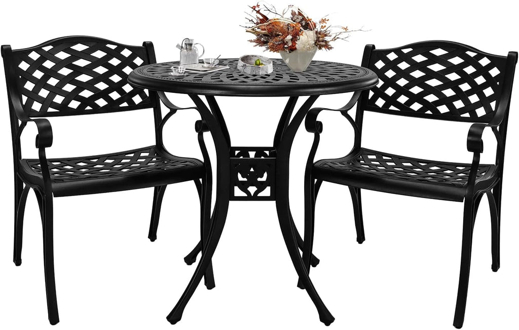 3 Piece Outdoor Dining Set,Cast Aluminum Bistro Set with Umbrella Hole, All Weather Patio Furniture Set, Small Patio Dining Set for Garden/Balcony/Deck, Black