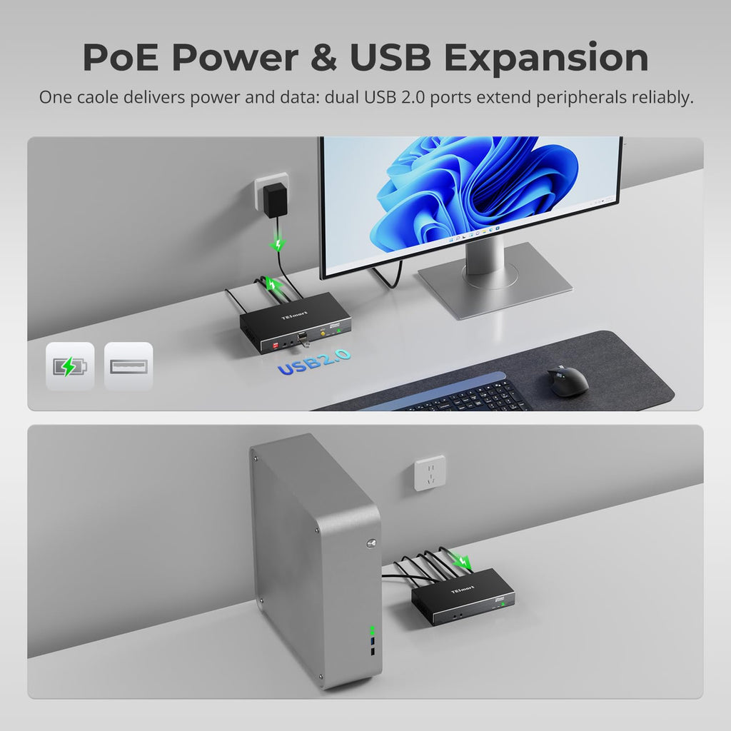 TESmart 4K@30Hz HDMI KVM Extender 328ft/100m Over CAT6/6A – PoE Powered | Bidirectional Audio & IR | RS232 Extension | Advanced EDID | USB 2.0 | Remote Power Switch Support