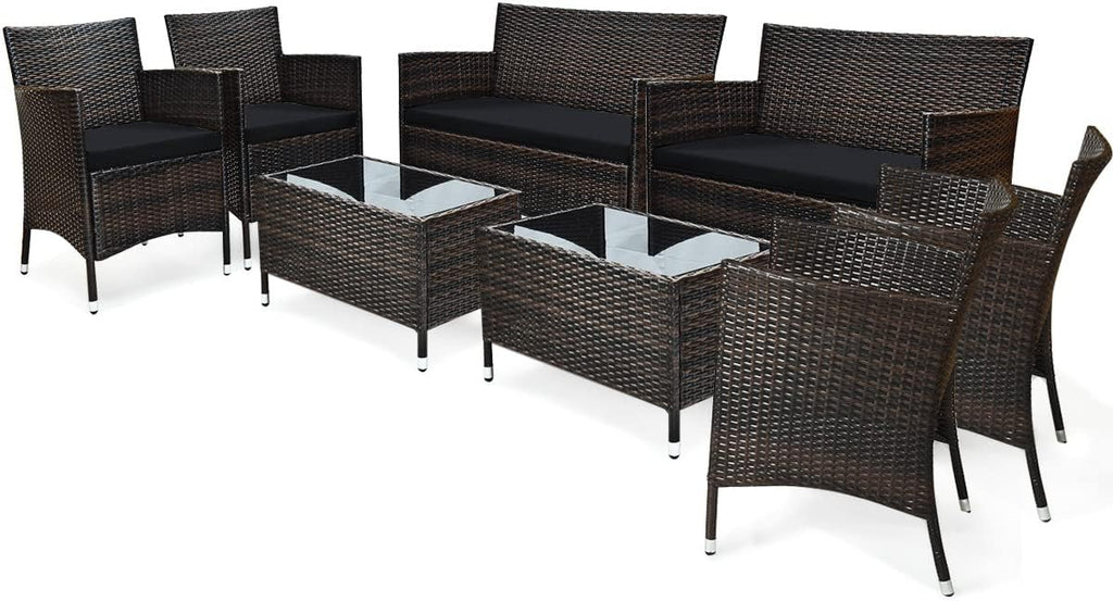 COSTWAY 8PCS Rattan Patio Furniture Set, Outdoor Wicker Rattan Chairs with Coffee Table, Rattan Cushioned Conversation Set for Backyard Balcony Porch Poolside, Black