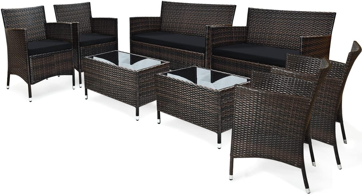 COSTWAY 8PCS Rattan Patio Furniture Set, Outdoor Wicker Rattan Chairs with Coffee Table, Rattan Cushioned Conversation Set for Backyard Balcony Porch Poolside, Black