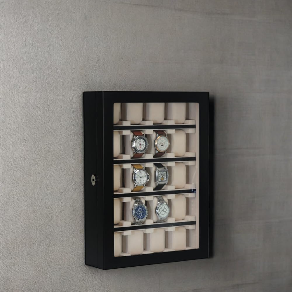 TIMELYBUYS 20 Piece Black Ebony Wood Watch Display Wall Hanging Case and Storage Organizer Box and Stand for Oversized Watches
