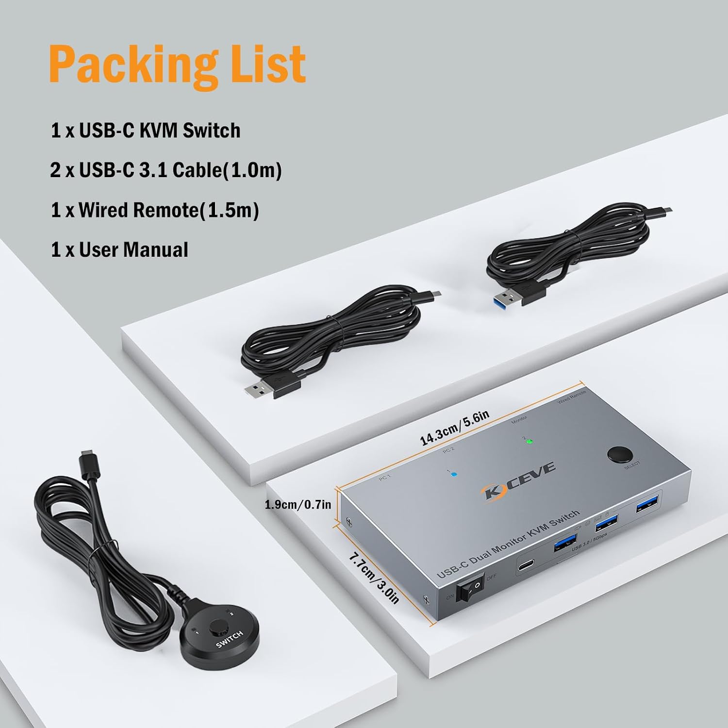 4K60Hz Dual Laptop USB C KVM Switch Dual Monitor, Share 4 USB 3.0 Devices & PD 80W Charging, Plug and Play with Wired Remote and 2 USB-C 3.1 Cables