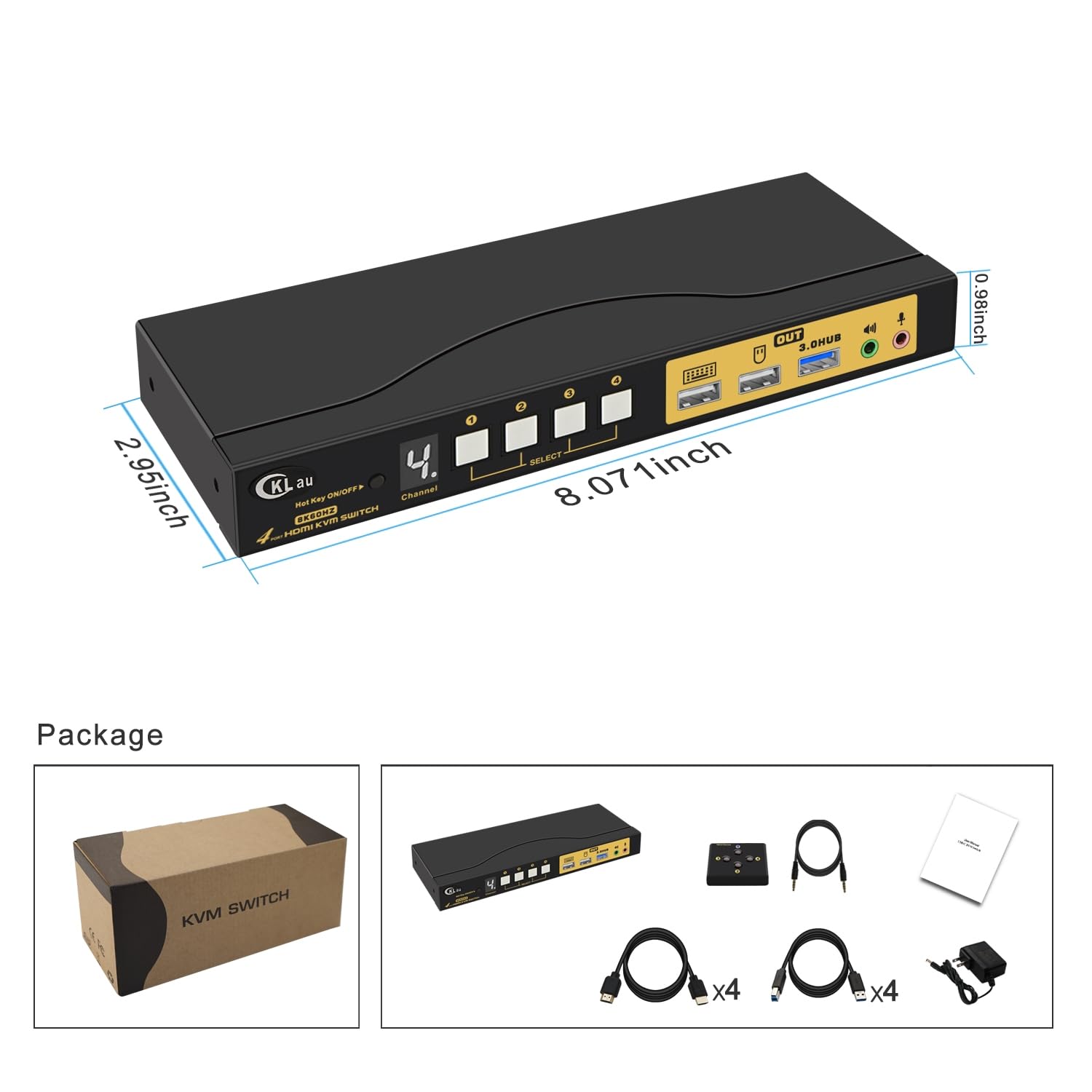 4 Port KVM HDMI Switch with Audio, USB 3.0 Hub, Black, Push Button Actuator, Manual Operation