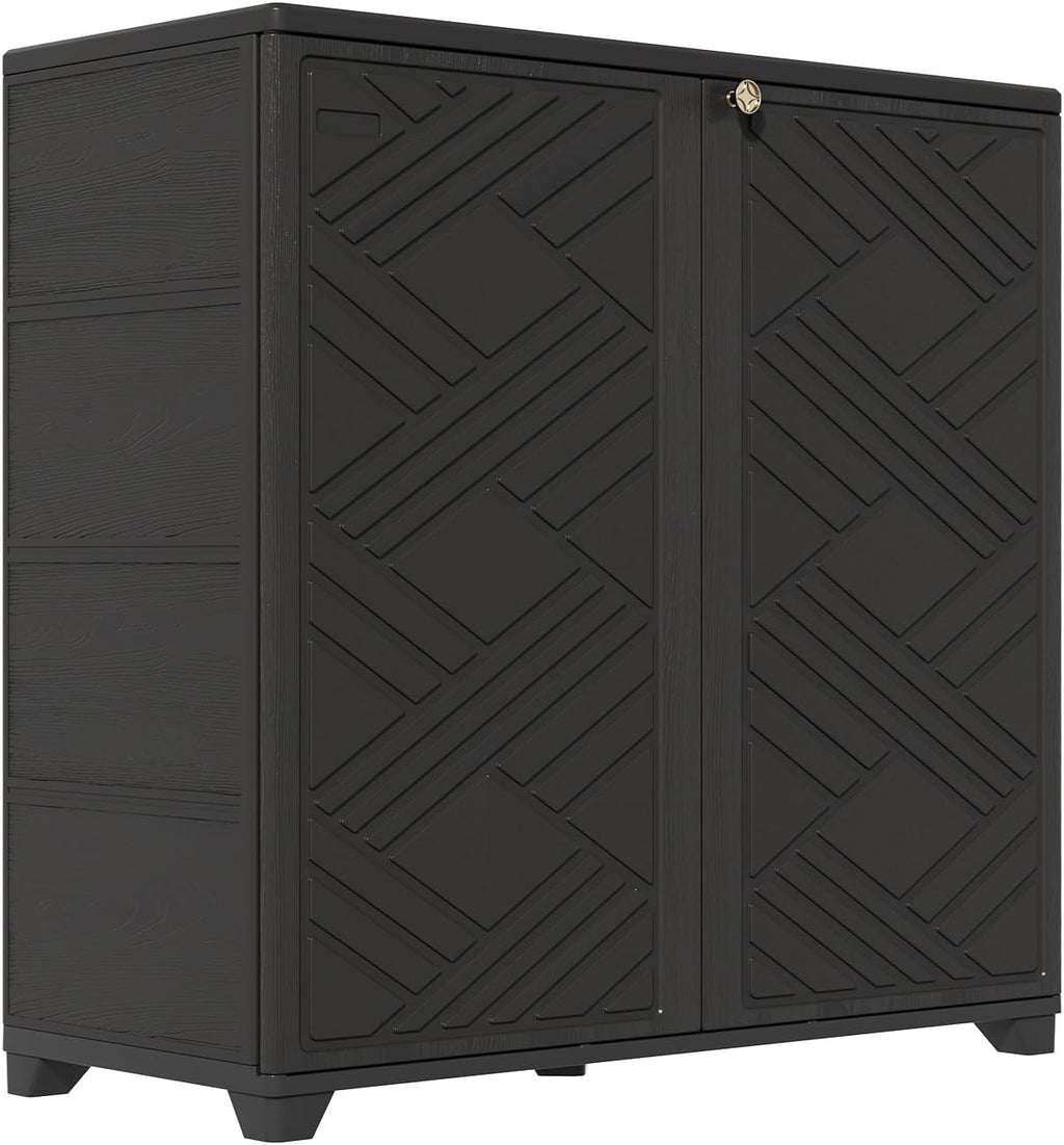 HOMSPARK Indoor/Outdoor Storage Cabinet with Doors and 2 Metal Shelves, 34'x15'x34' HDPE Plastic Storage Box for Patio, Garden, Enterway, Balcony, Multi-Purpose for Daily Tools, Black