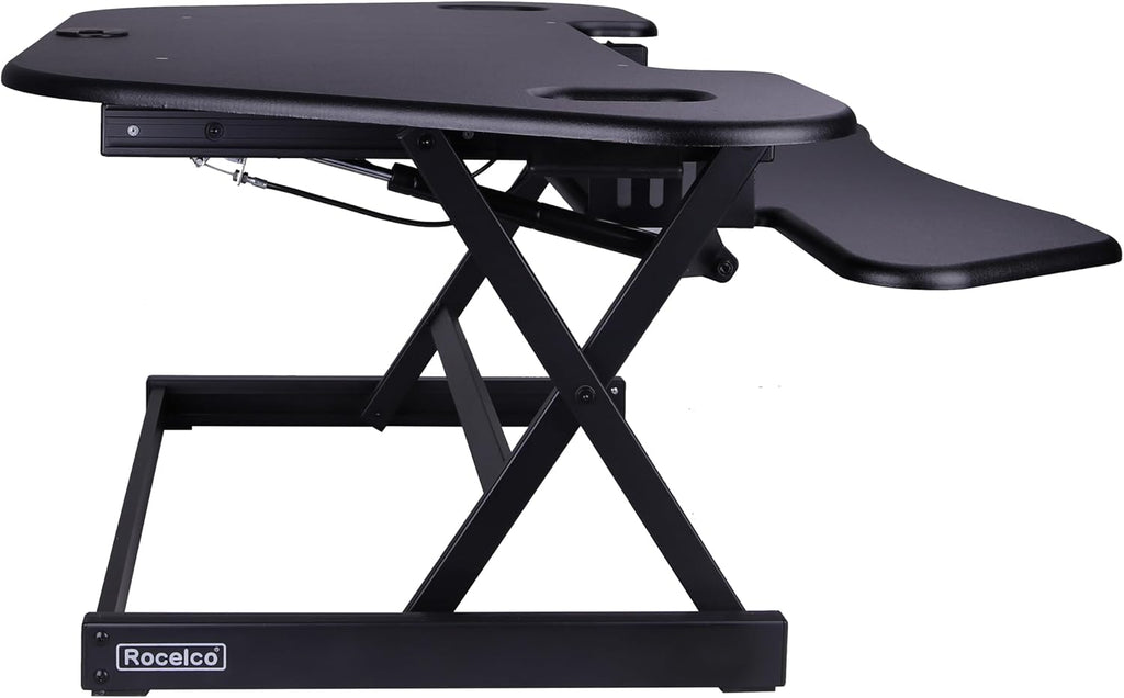 Rocelco 46' Height Adjustable Corner Standing Desk Converter - Quick Sit Stand Up Dual Monitor Riser - Gas Spring Assist Tabletop Computer Workstation - Large Keyboard Tray - Black (R CADRB-46)