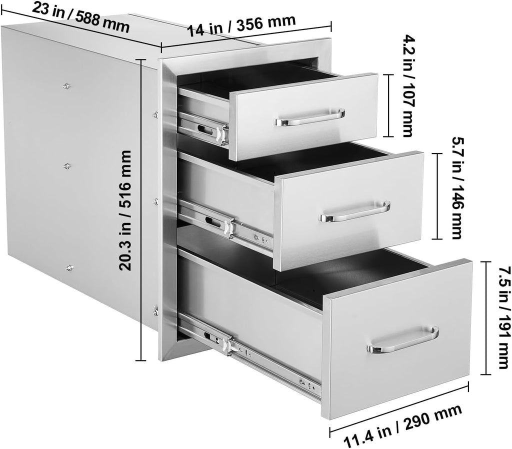 VEVOR 14x20.3 Inch Outdoor Kitchen Drawers Stainless Steel, Flush Mount Triple Drawers, 14W x 20.3H x 23D Inch, with Stainless Steel Handle, Outdoor Kitchens or BBQ Island