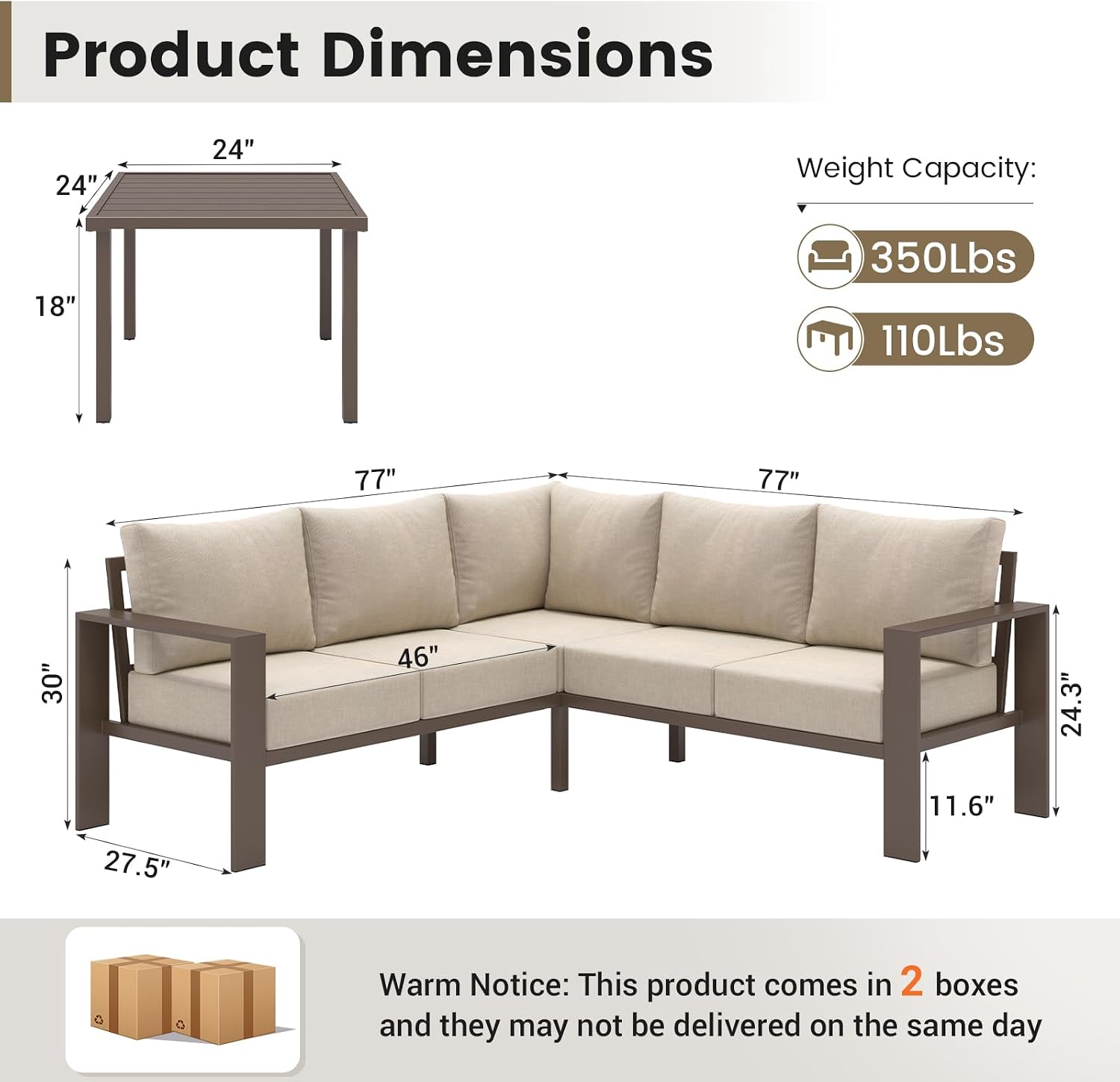 UDPATIO 6 Piece Patio Furniture Set, Metal Outdoor Sectional Sofa with 6' Thick Olefin Cushions, Wide Armrest & Coffee Table, L Shaped Outdoor Furniture for Garden, Backyard Beige
