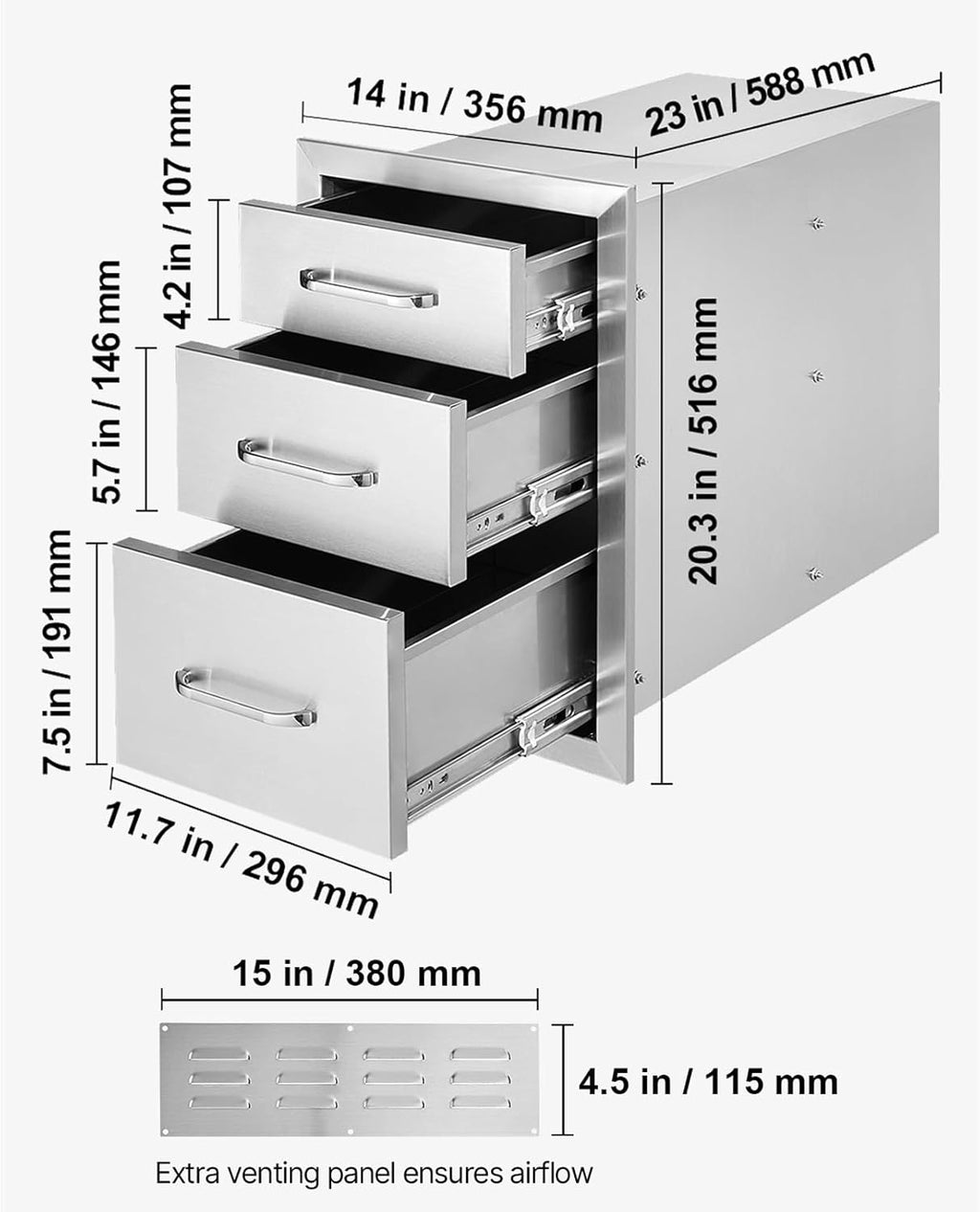 VEVOR 14x20.3 Inch Outdoor Kitchen Drawers Stainless Steel, Flush Mount Triple Drawers, 14W x 20.3H x 23D Inch, with Stainless Steel Handle, Outdoor Kitchens or BBQ Island