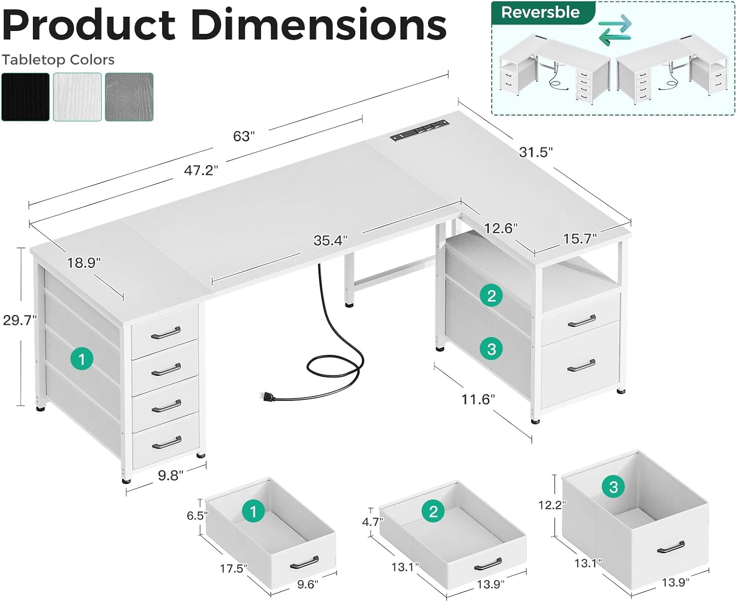 Coleshome L Shaped Computer Desk with 6 Drawers & Power Outlet, 63 Inch Office Desk with Reversible Storage Shelf & File Drawer, Home Office Desk, White
