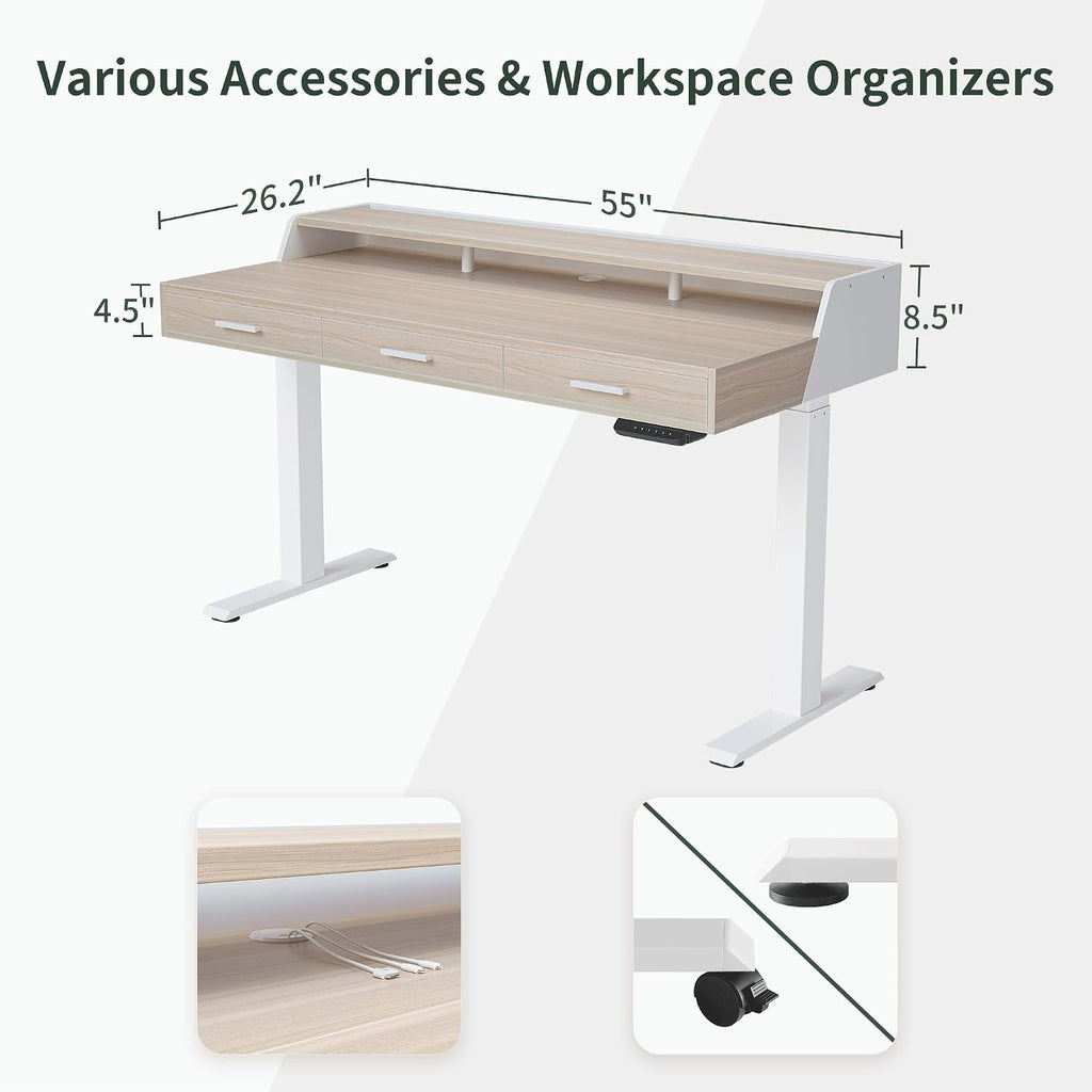 FEZIBO 55x26 Inches Standing Desk with 3 Wooden Drawers and Monitor Shelf, Height Adjustable Computer Desk, Ergonomic Rising Home Office Desks, Sit Stand Up Electric Workstation Table, Light Walnut