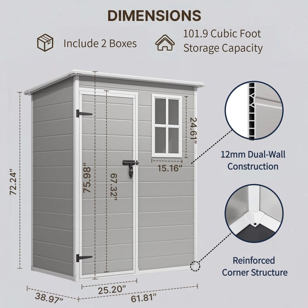 Gizoon 5x3 FT Resin Outdoor Storage Shed, Weather-Resistant Plastic Garden Tool Shed with Floor and Lockable Door for Backyard, Patio, Lawn, Grey