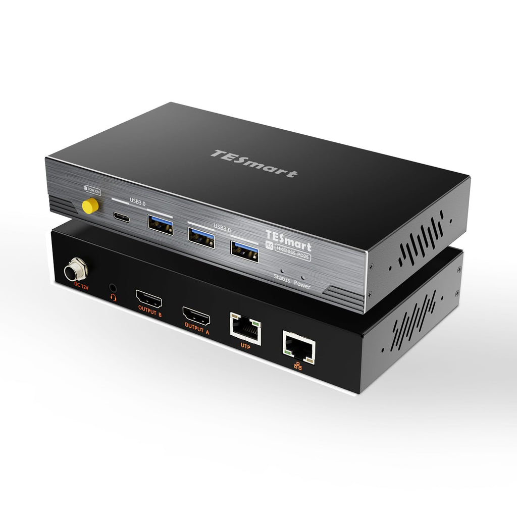 TESmart 4K@60Hz HDMI KVM Extender for Dual Monitor – 328ft/100m Over CAT6a, DisplayLink H.265, Gigabit LAN, USB 3.0, EDID, Remote Power, Audio/MIC, Includes Transmitter & Receiver