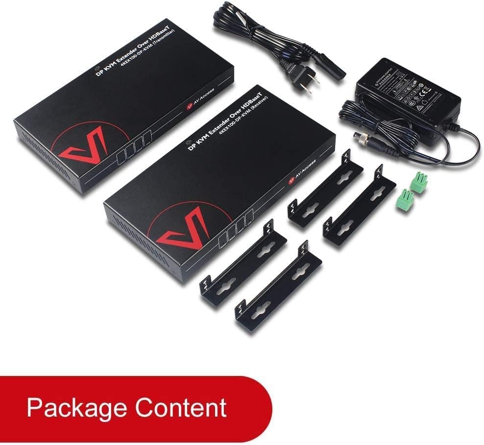 AV Access DisplayPort KVM Extender 330ft/100m, 4K@30Hz, Zero Latency, USB 2.0 Keyboard Mouse Control, HDBaseT PoE, RS232, EDID, for Server Room, Control Room