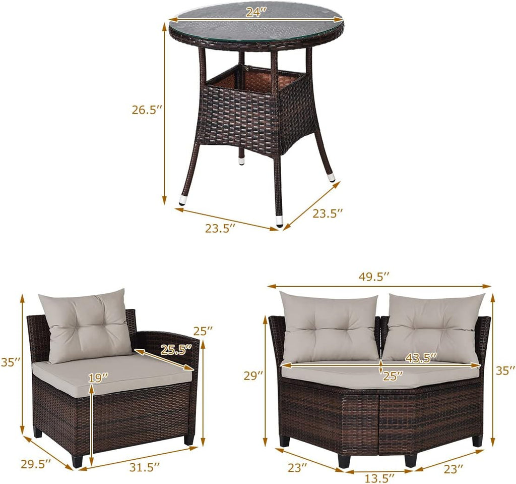HAPPYGRILL 4 Pieces Rattan Patio Conversation Set, Outdoor Wicker Furniture Set with Cushioned Sofas and Coffee Table, L-Shape Sectional Curved Sofa Set for Garden Poolside Balcony