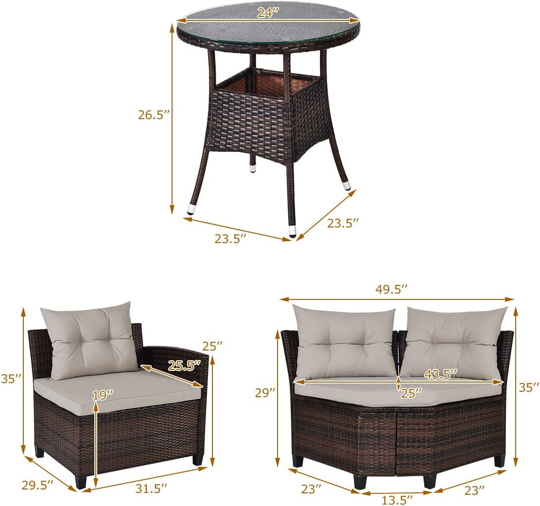 HAPPYGRILL 4 Pieces Rattan Patio Conversation Set, Outdoor Wicker Furniture Set with Cushioned Sofas and Coffee Table, L-Shape Sectional Curved Sofa Set for Garden Poolside Balcony