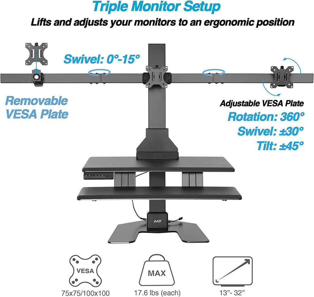 AVLT Electric Standing Desk Converter for Triple 32' Monitors, Motorized Sit to Stand Riser with 28'x16' Tabletop, Large Keyboard Tray, Height Adjustable, Sturdy Base, Small Footprint