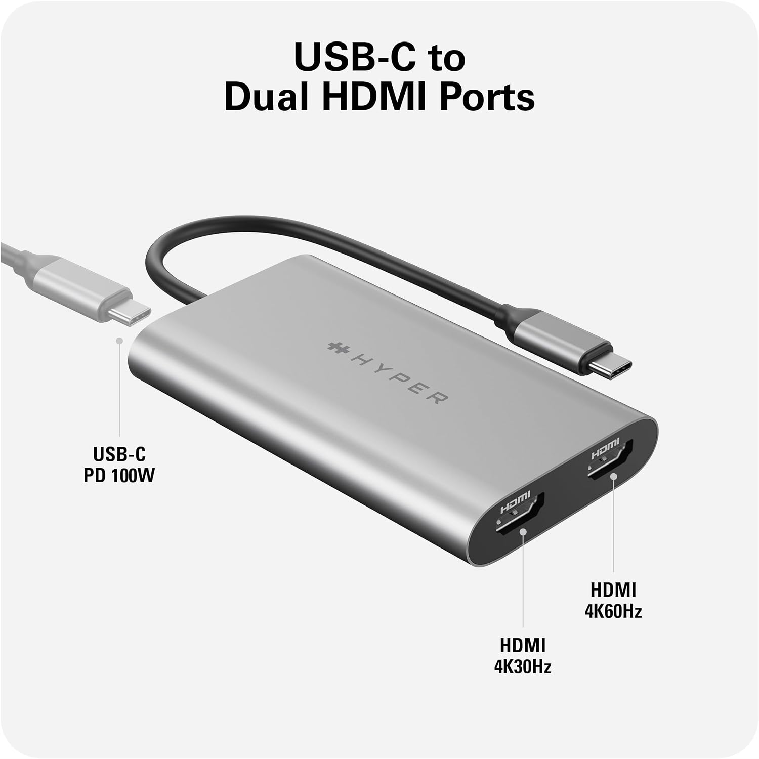 Hyper HyperDrive Dual USB to HDMI Adapter — 4K HDMI Splitter w/ 100W Power Delivery Charging – Seamless Plug & Play Compatible w/ M1, M2, M3, and M4 MacBook, Windows, Chromebook