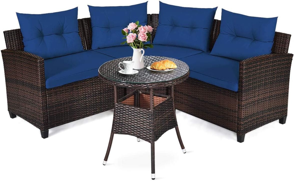 HAPPYGRILL 4 Pieces Rattan Patio Conversation Set, Outdoor Wicker Furniture Set with Cushioned Sofas and Coffee Table, L-Shape Sectional Curved Sofa Set for Garden Poolside Balcony
