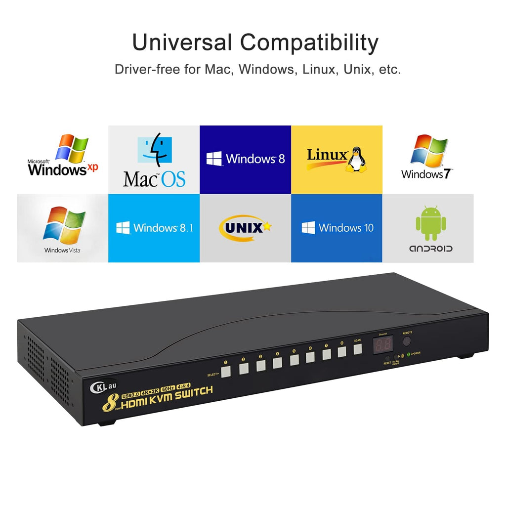 8 Port USB 3.0 Rack Mount HDMI KVM Switch 4K60Hz with Audio, 2 pcs USB 3.0 Hub, and Cables Supports Keyboard Mouse Switching