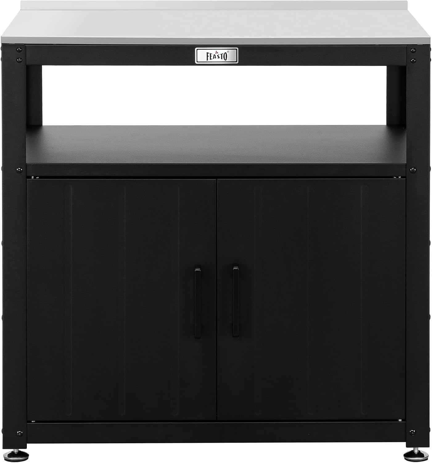 Feasto Outdoor Potting Bench with Storage, Stainless Steel Tabletop Garden Work Bench with Storage Cabinet & Removable Inner Shelf for Patio Lawn Outdoor Gardening