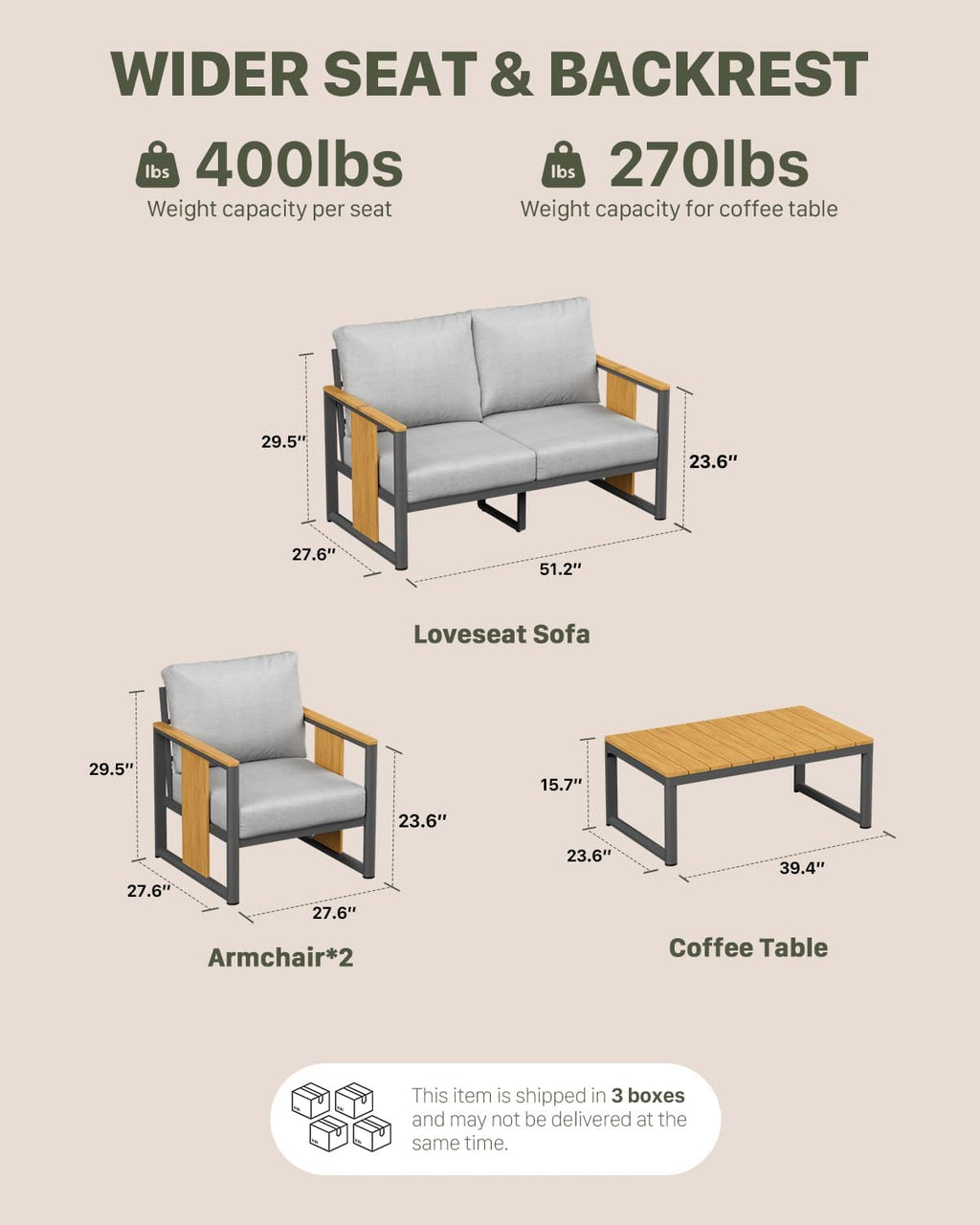 ZANDOR Aluminum Outdoor Patio Furniture Set,4-Piece Sectional Sofa with Coffee Table,Washable Thick Cushions,Modern Patio Conversation Set for Backyard,Garden,Porch,Balcony,Deck,Gray