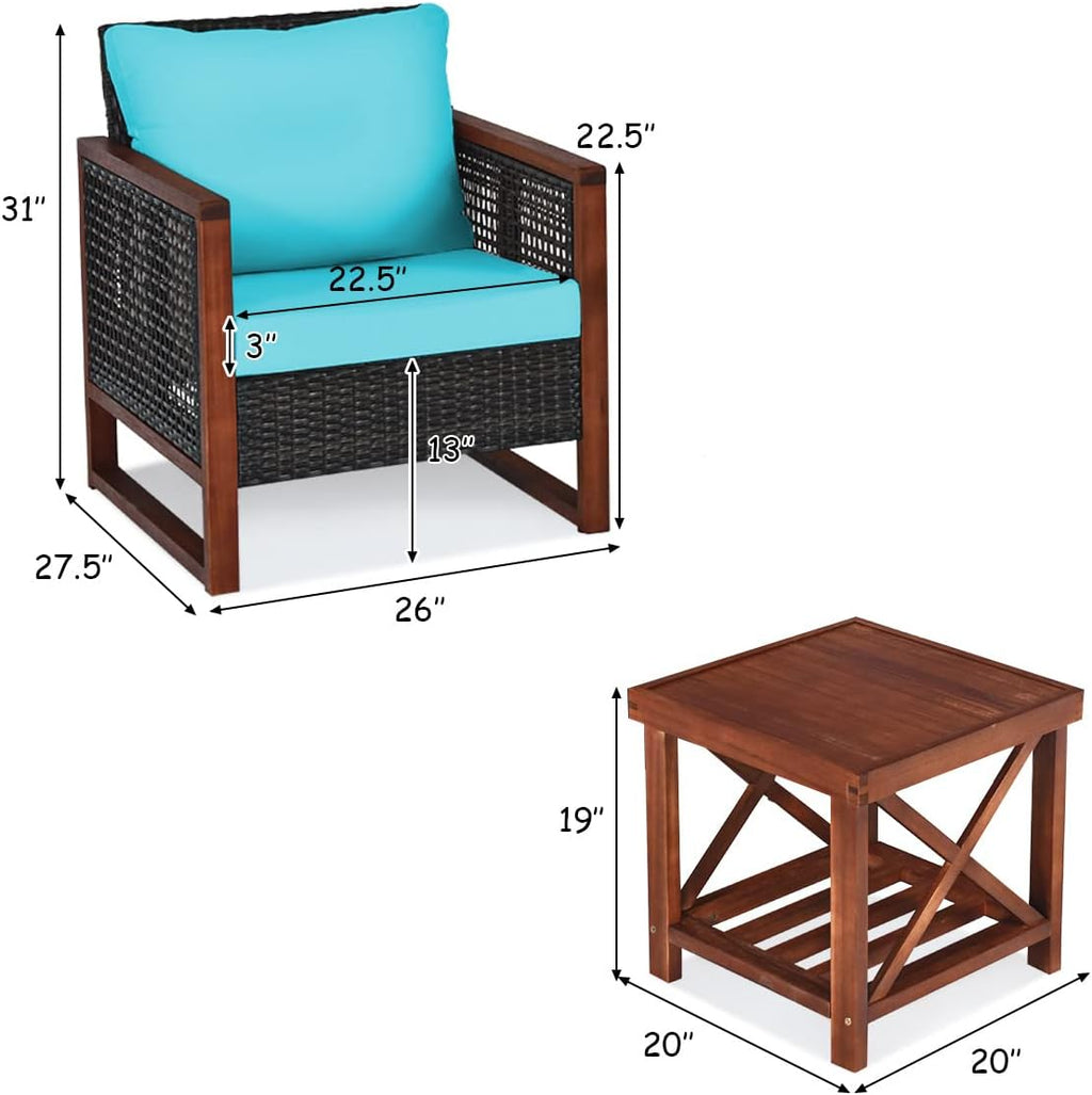 HAPPYGRILL 3 Pieces Outdoor Patio Furniture Set Wicker Chairs with Coffee Table, Balcony Porch Furniture Bistro Set with Acacia Wood Frame and Washable Cushions for Garden Poolside Backyard