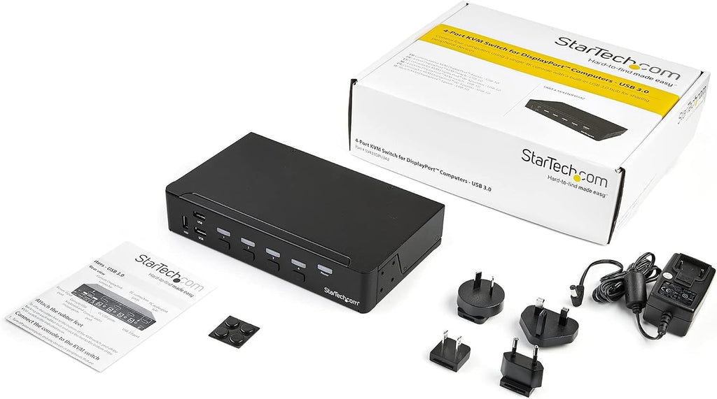 StarTech.com 4 Port DisplayPort KVM Switch - DP KVM Switch with Audio and Built-in USB 3.0 Hub for Peripherals - 4K 30Hz, TAA (SV431DPU3A2)