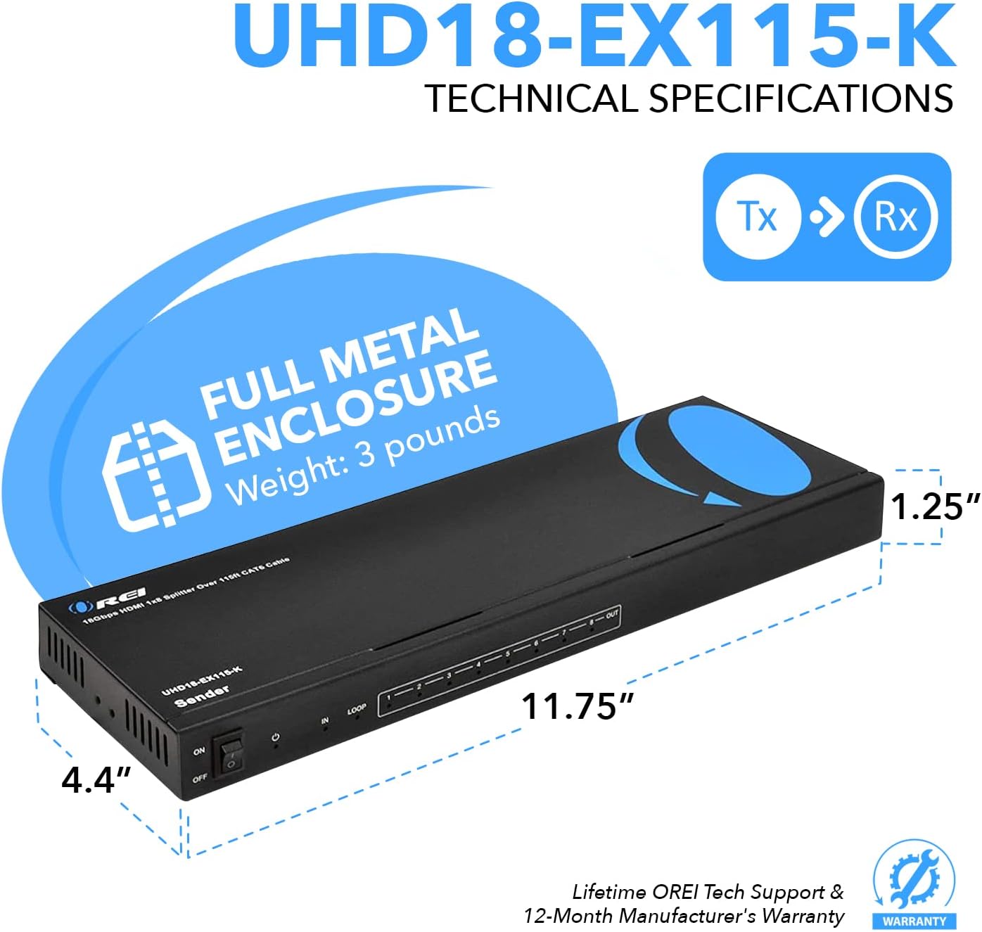 OREI 4K 1x8 HDMI Extender Splitter, Multiple Over Single Cable CAT6/7 4K@60Hz 4:4:4 HDCP 2.2 with IR Remote EDID Management - Up to 115 Ft - Loop Out - Low Latency - Full Support
