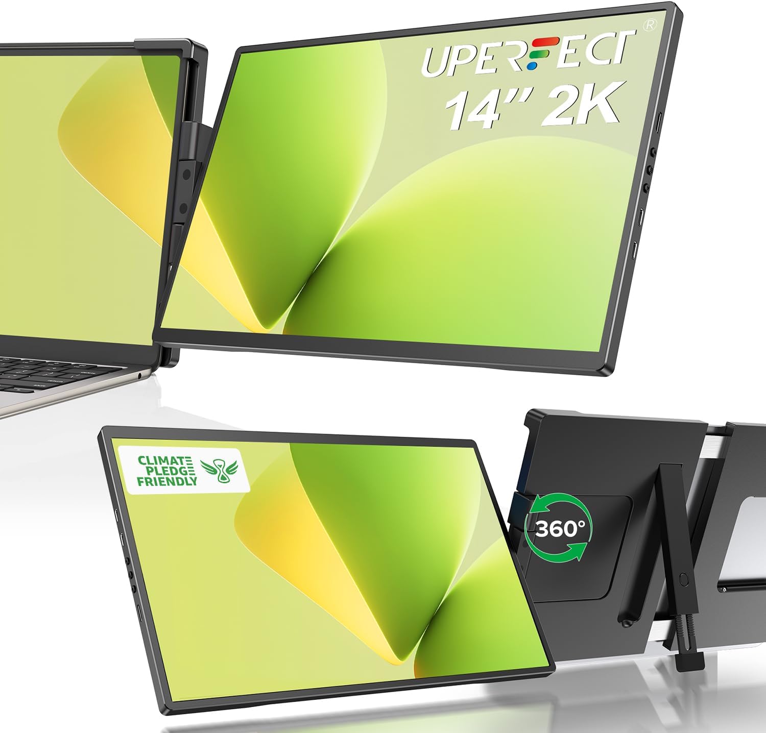 UPERFECT Laptop Screen Extender, 2K 14' 360°Unique Swivel Hinge w/ 180° Automatic Rotation, 2240x1400 QHD IPS Portable Monitor for 14'-17'' Laptops, Plug & Play with Mac, Wins, Dex (Only one Screen)