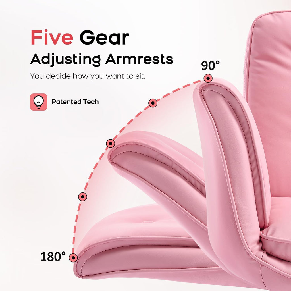 amseatec Criss Cross Office Chair, PU Leather Vanity Chair with 5-Level Adjustable Armrests & Swivel, Ergonomic Criss Cross Chair for Home Office Bedroom Makeup（Pink）