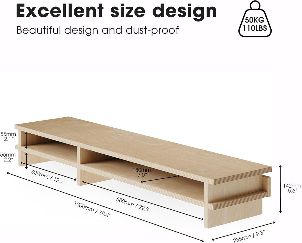 Fenge Dual Monitor Stand, 39.4in Wood Monitor Riser for 2 Monitors, 2 Tiers Desk Shelf with Cable Mangement for Top of Desk, Computer Stand for Laptop, PC, Printer