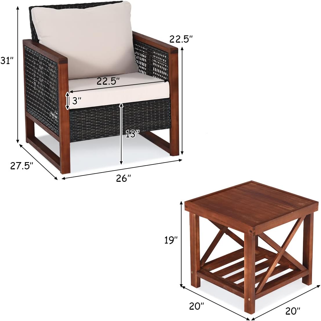 HAPPYGRILL 3 Pieces Outdoor Patio Furniture Set Wicker Chairs with Coffee Table, Balcony Porch Furniture Bistro Set with Wood Frame and Washable Cushions for Garden Poolside Backyard