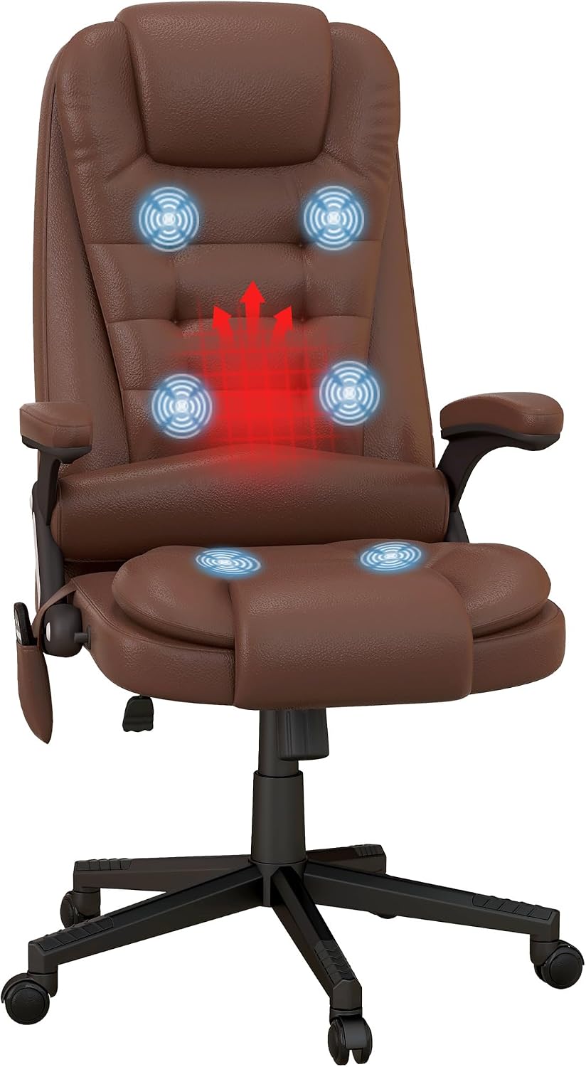 HOMCOM High Back Vibration Massage Office Chair with 6 Vibration Points, Heated Reclining PU Leather Computer Chair with Armrest and Remote, Brown