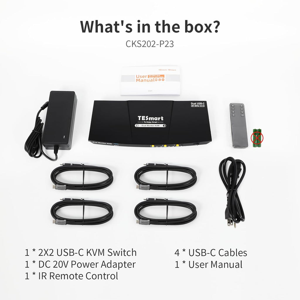 TESmart USB-C KVM Switch 2 Monitors 2 Laptops 4K@60Hz, USB 3.0 KVM Switch Dual Monitor MST, EDID Emulation, 60W PD, 1G Ethernet, 2K@144Hz, 1080P@240Hz, Hotkey Switch, with All Input Cables