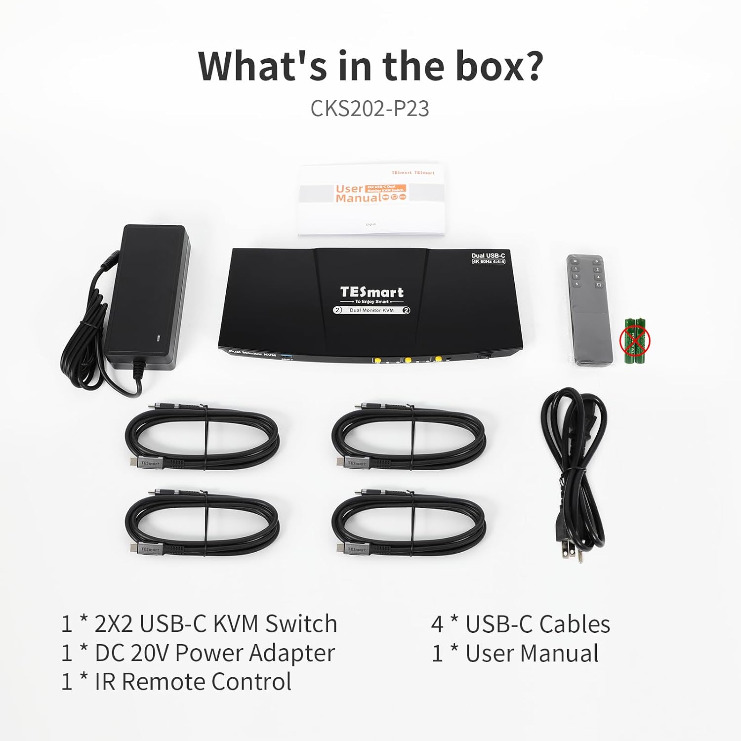 TESmart USB-C KVM Switch 2 Monitors 2 Laptops 4K@60Hz, USB 3.0 KVM Switch Dual Monitor MST, EDID Emulation, 60W PD, 1G Ethernet, 2K@144Hz, 1080P@240Hz, Hotkey Switch, with All Input Cables