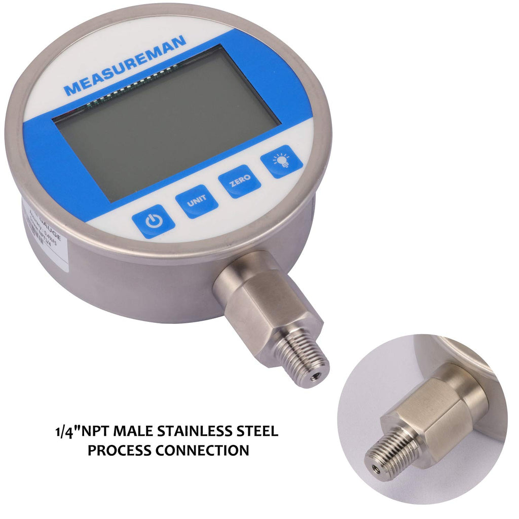 MEASUREMAN 4' dial, High Precision Hydraulic Industrial Digital Pressure Gauge 0-10000psi/bar, 1/4' NPT Lower, Stainless Steel Case and Connection, 0.4%,Battery and Micro USB Powered, with LED Light