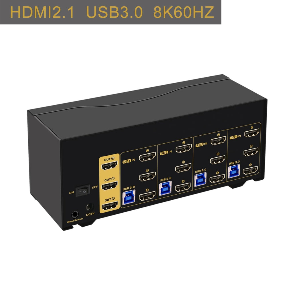 Triple Monitor HDMI KVM Switch 4 Port with Cables, Microphone, Audio, USB 3.0 Hub, Digital Display Supports 8K@60Hz, 4K@144Hz, Emulation EDID, Hotkey Function
