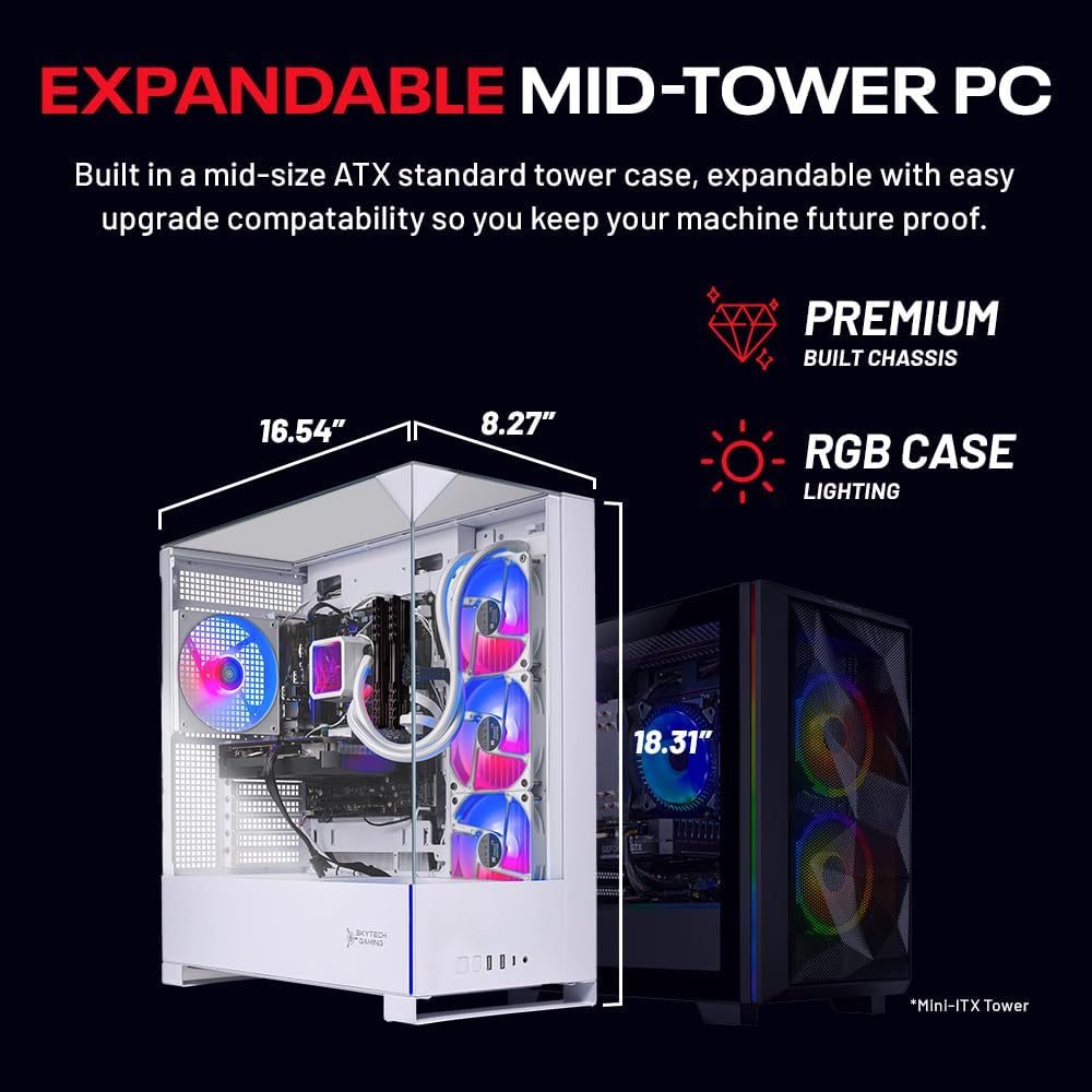 Skytech Gaming Archangel 5 Gaming PC, AMD Ryzen 7 9700X 3.8GHz, NVIDIA RTX 5060 Ti 8GB VRAM, 1TB NVMe SSD, 24GB DDR5 RAM 6000, 750W Gold PSU, 360 ARGB AIO, WI-FI 5, Windows 11, Desktop