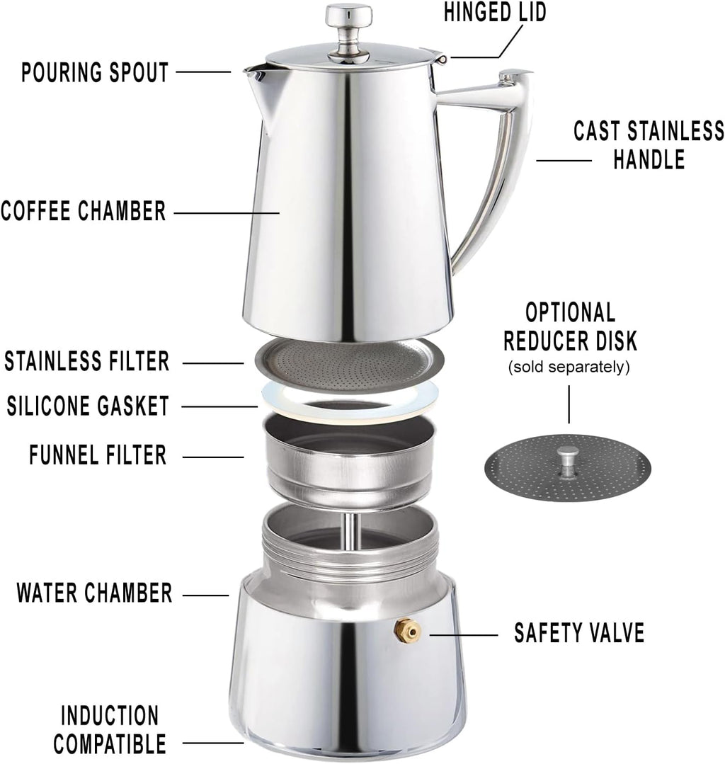 Cuisinox Roma Stovetop Espresso Maker COF-10R, Stainless Steel Coffee Percolator Stovetop, Heat-Resistant & Non-Reactive, 10-Cup Italian Espresso Maker Easy to Clean, Durable Stove Top Percolator