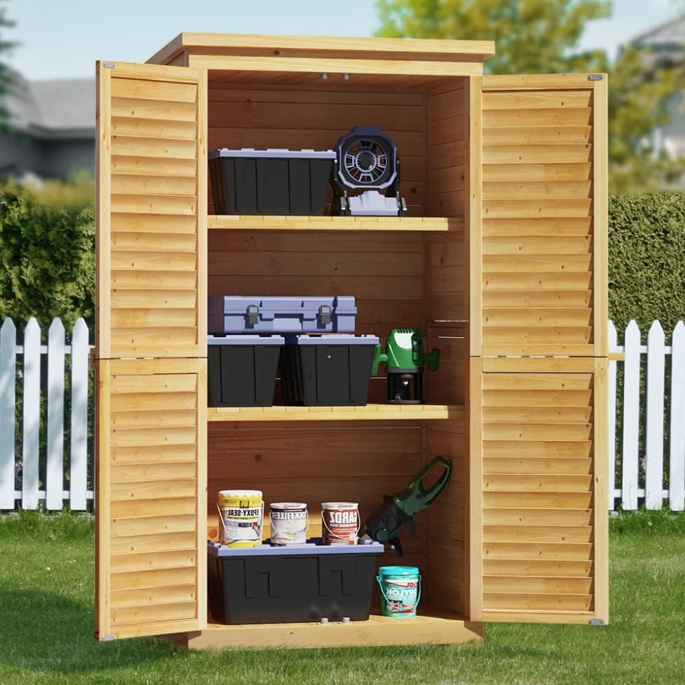 Bealife 63.2' Outdoor Storage Cabinet with Double Doors, Lockable Vertical Storage Shed with 3 Shelves Organizer, Waterproof Fir Wood Tool Closet Shed for Garden, Backyard, Patio, and Lawn -Natural