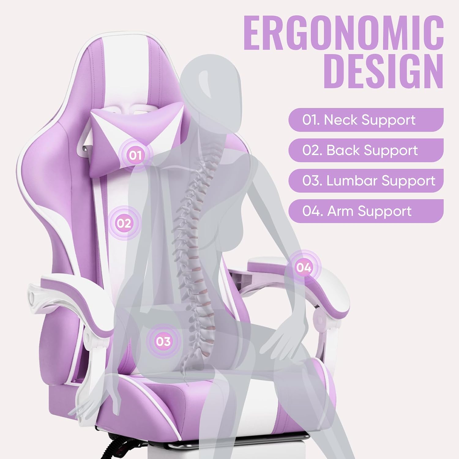 Ferghana Gaming Chairs, Ergonomic Racing Style PC Game Computer Chair with Headrest Lumbar Support Adjustable Recliner PU Leather Video Computer Chair(Light Purple)