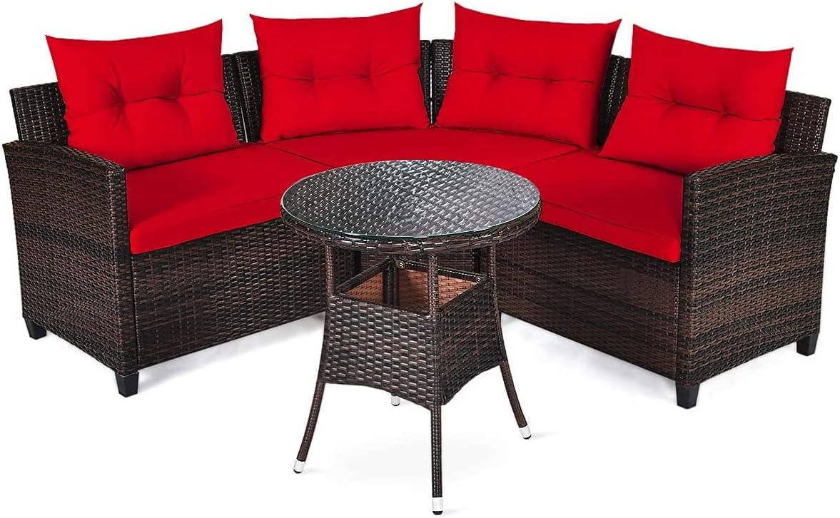 HAPPYGRILL 4 Pieces Rattan Patio Conversation Set, Outdoor Wicker Furniture Set with Cushioned Sofas and Coffee Table, L-Shape Sectional Curved Sofa Set for Garden Poolside Balcony