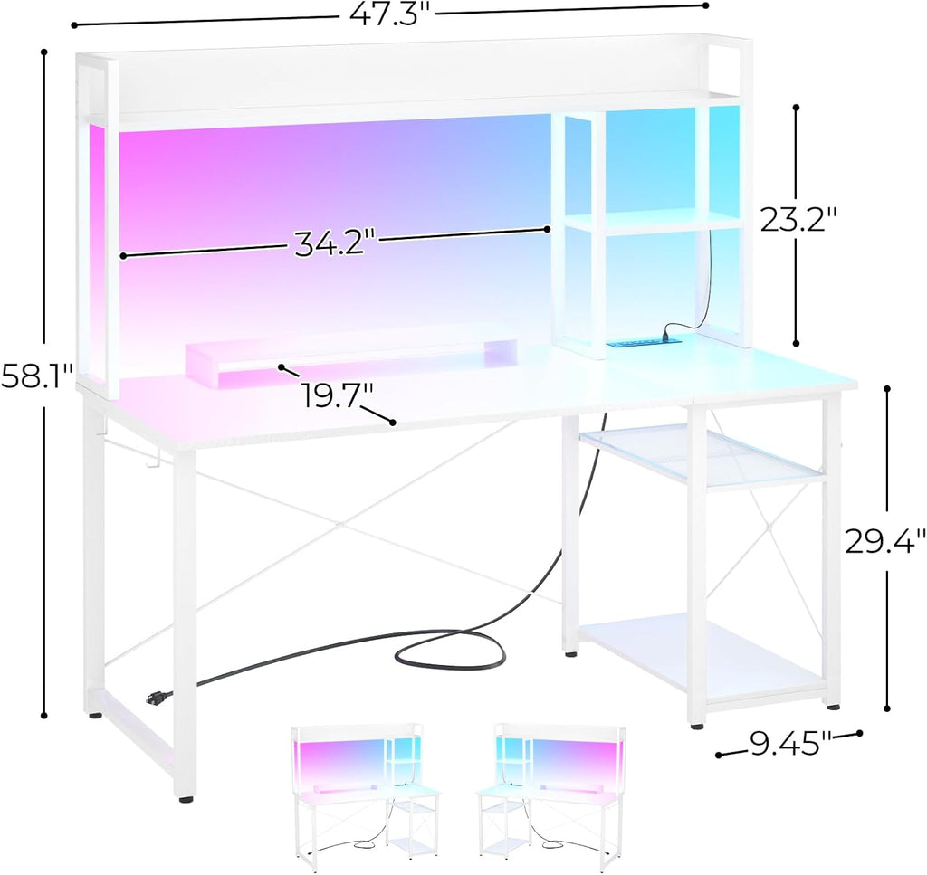 Cyclysio Gaming Desk with Hutch, 47'' Computer Desk with LED Lights & Power Outlets, Home Office Desk with Reversible 5 Tiers Storage Shelves & Monitor Stand, Small Gaming Table for Small Space, White