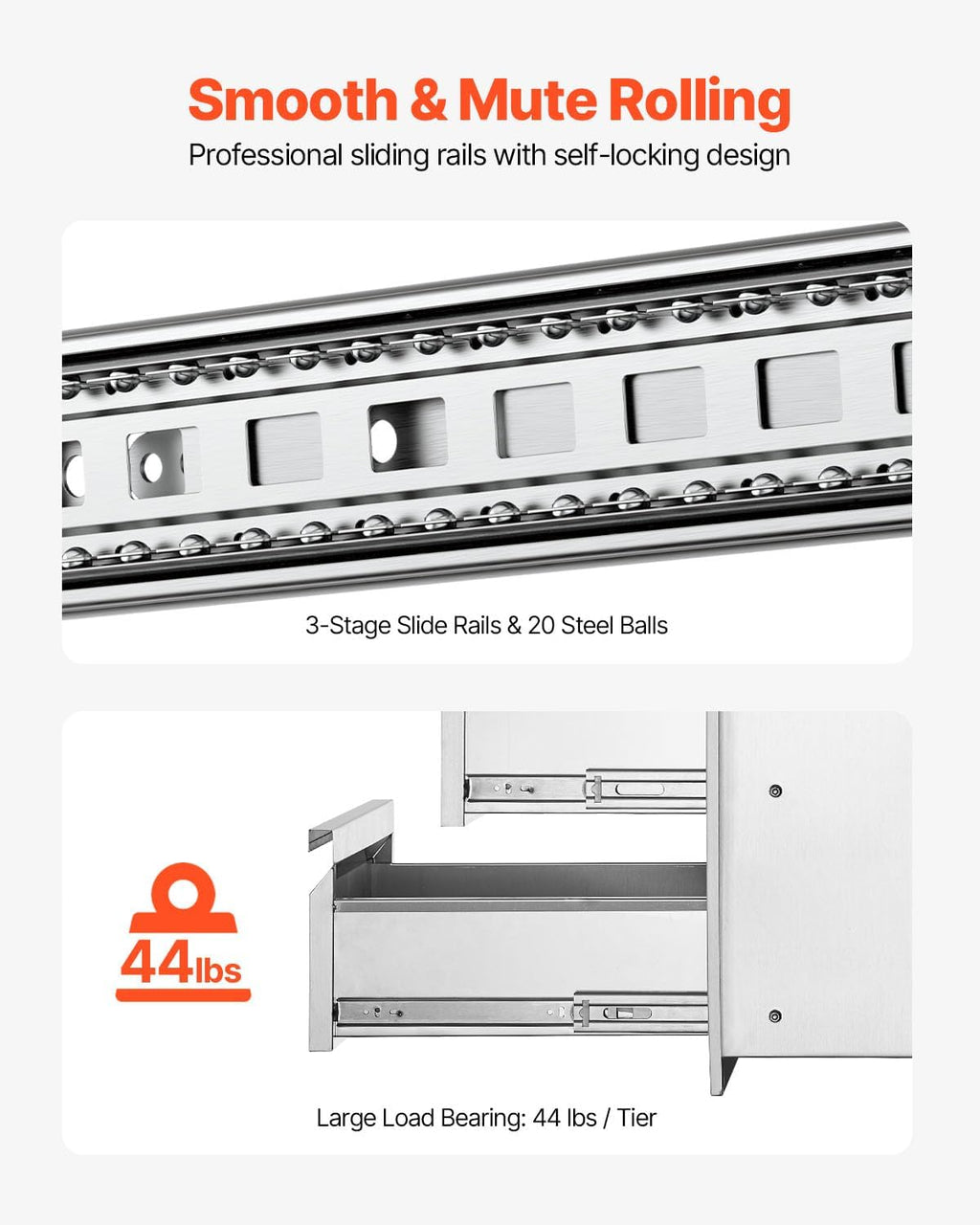 VEVOR Outdoor Kitchen Drawers 14.7' W x 25.4' H x 18.7' D, Box Frame Style Flush Mount BBQ Drawers with Stainless Steel Handle, BBQ Island Drawers for Outdoor Kitchens or Patio Grill Station