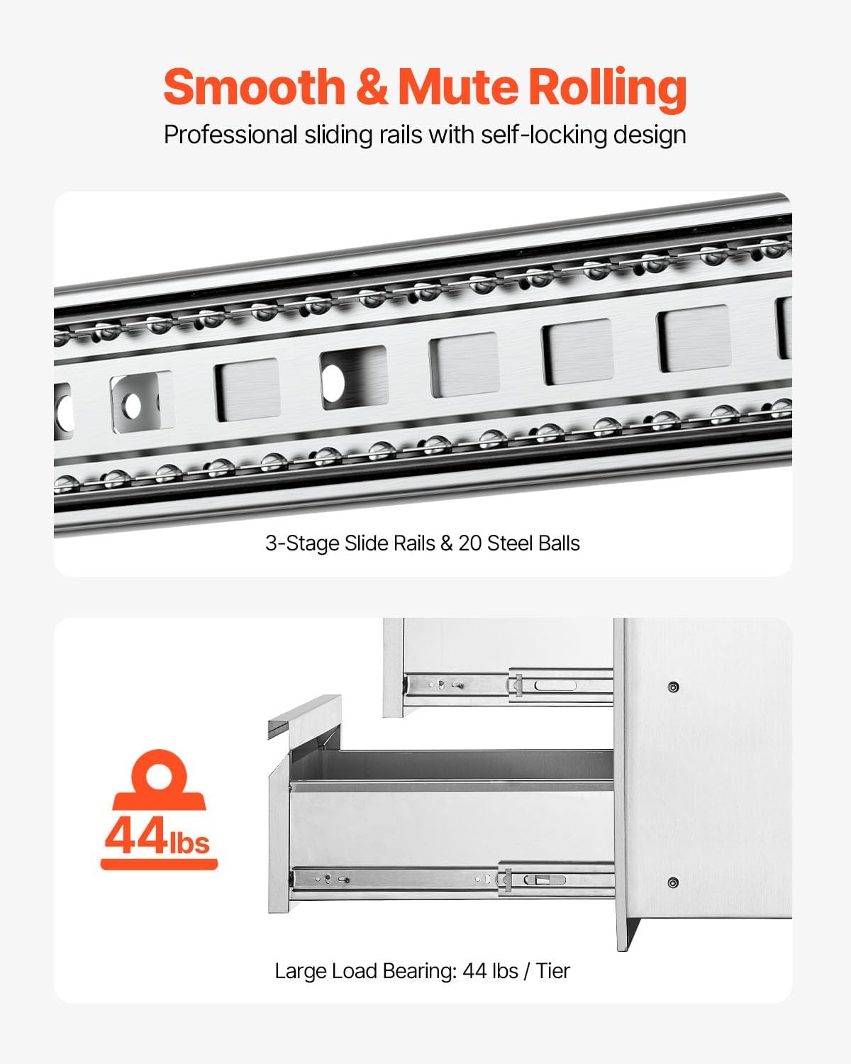 VEVOR Outdoor Kitchen Drawers 14.7' W x 25.4' H x 18.7' D, Box Frame Style Flush Mount BBQ Drawers with Stainless Steel Handle, BBQ Island Drawers for Outdoor Kitchens or Patio Grill Station