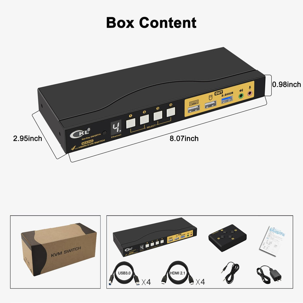 CKL 8K HDMI 2.1 KVM Switch (4 Computers 1 Monitor with EDID)