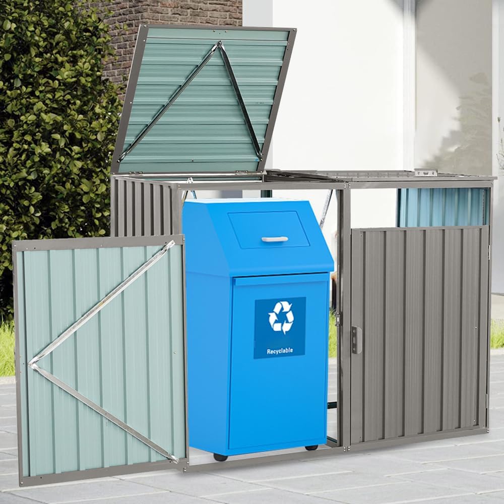 Outdoor Trash Can Storage, Garbage Bin Shed Stores 2 Trash Cans, Metal Outdoor Storage Shed for Garbage Cans, Garden Accessories, Backyard, and Patio Use, Lockable, Light Grey
